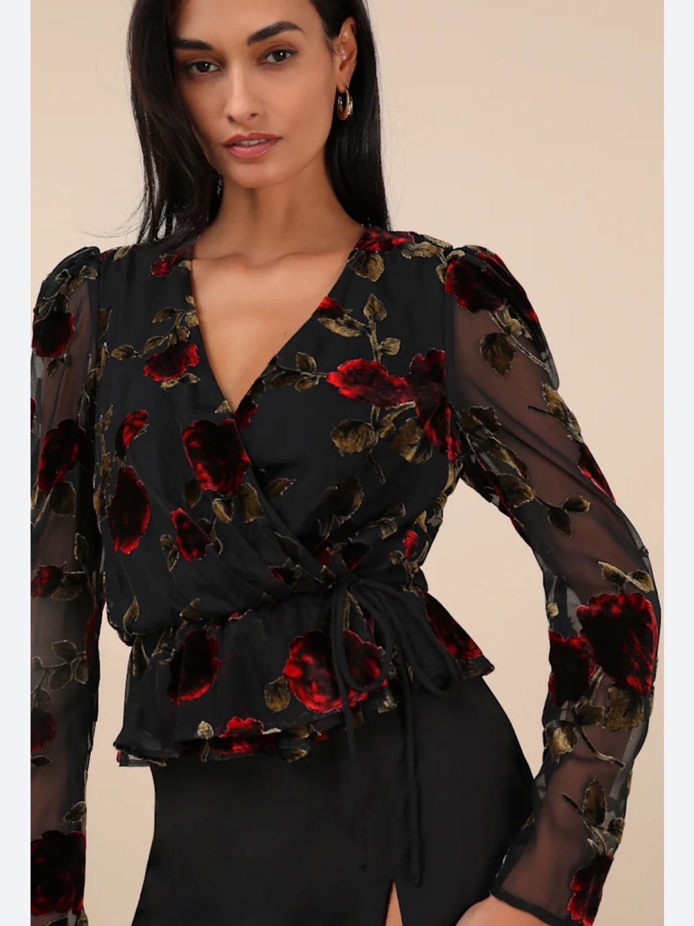 Lulus Memorably Poised Black Burnout Floral Surplice Top long sleeve M NWT